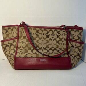 Coach Signature Jacquard Satchel Shoulder Bag‎ Purse Handbag Tote Red